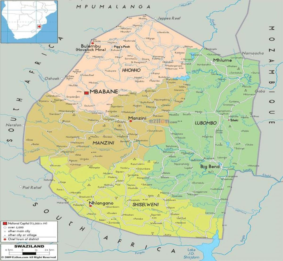 Mapa Svazilendom regionima