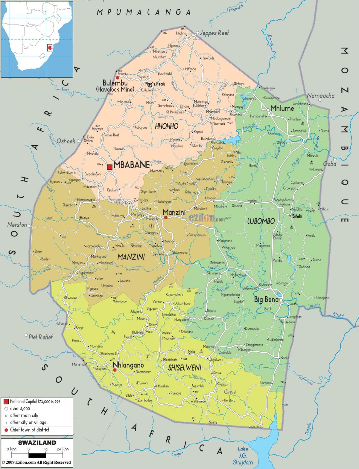 Mapa manzini Svazilendom